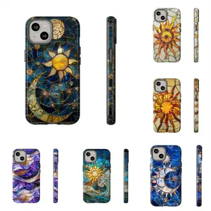 Celestial Stained Glass Moon and Sun & Stars Phone Case, Aesthetic Mystical Sun Stars iPhone Cover, Boho Artistic Stained Glass Print Case, Glossy Case For iPhone 17 Pro Max 16 Plus 15 14 13 Mini 12 11, Samsung Galaxy S25