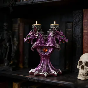 Gothic Double Dragon Resin Candlestick Sculpture, Dark Style Bedroom Vanity Decor, Unique Gift for Fantasy & Halloween Enthusiasts