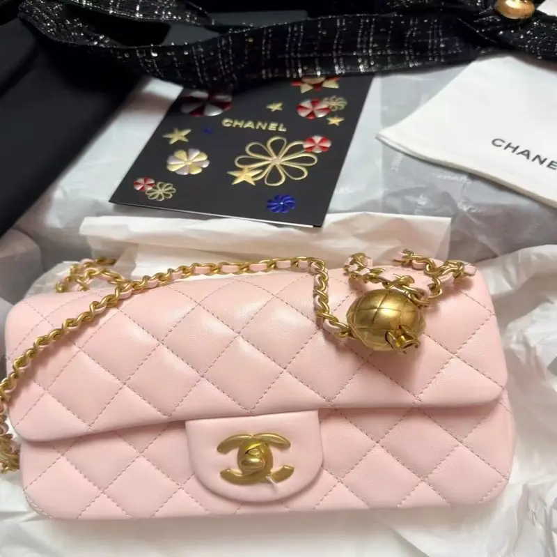 ‮ LENAHC  ‬Classic Mini Flap Pink Quilted Lambskin Gold Pearl Ball Chain Shoulder Crossbody Bag
