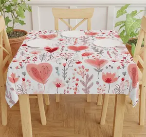 Valentine’s Day Floral Heart Tablecloth 60x60 inches Polyester Square Table Cover for Romantic Dinners & Home Decor