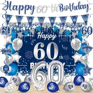 Blue 60th Birthday Decorations Kit for Men Women Blue Sliver Happy 60th Birthday Banner Pennant Banner Number 60 Balloon Hanging Swirls Paper for 60 Years
