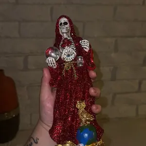 14 Inch Angel of Death Statue in Red with Rose and Evil Eye Design Adorned with Rhinestones Intricate Details Religious Home Decor Gothic Style Rosary