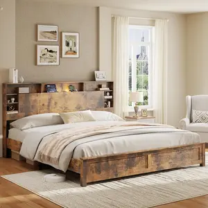【Rustic Forge】Fansace Wood King Size Bed Frame with Storage Headboard, Farmhouse Platform Bed Frame with Charging Station & LED Lights, Noise Free, No Box Spring Needed (Dark Brown, King)