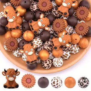 34/47/55PCS 3D Highland Cow Focal Beads Daisy Flower Silicone Beads Hexagon Silicone Beads for DIY Crafts Jewelry Necklace Bracelet Keychain Making