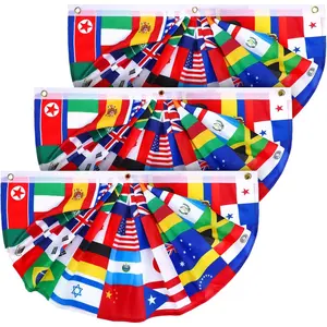 3 Pcs World Flags Banners (1.5 x 3 ft) - International Flag Decorations, Country-Themed Pennants, and Pleated Fan Bunting Backdrop