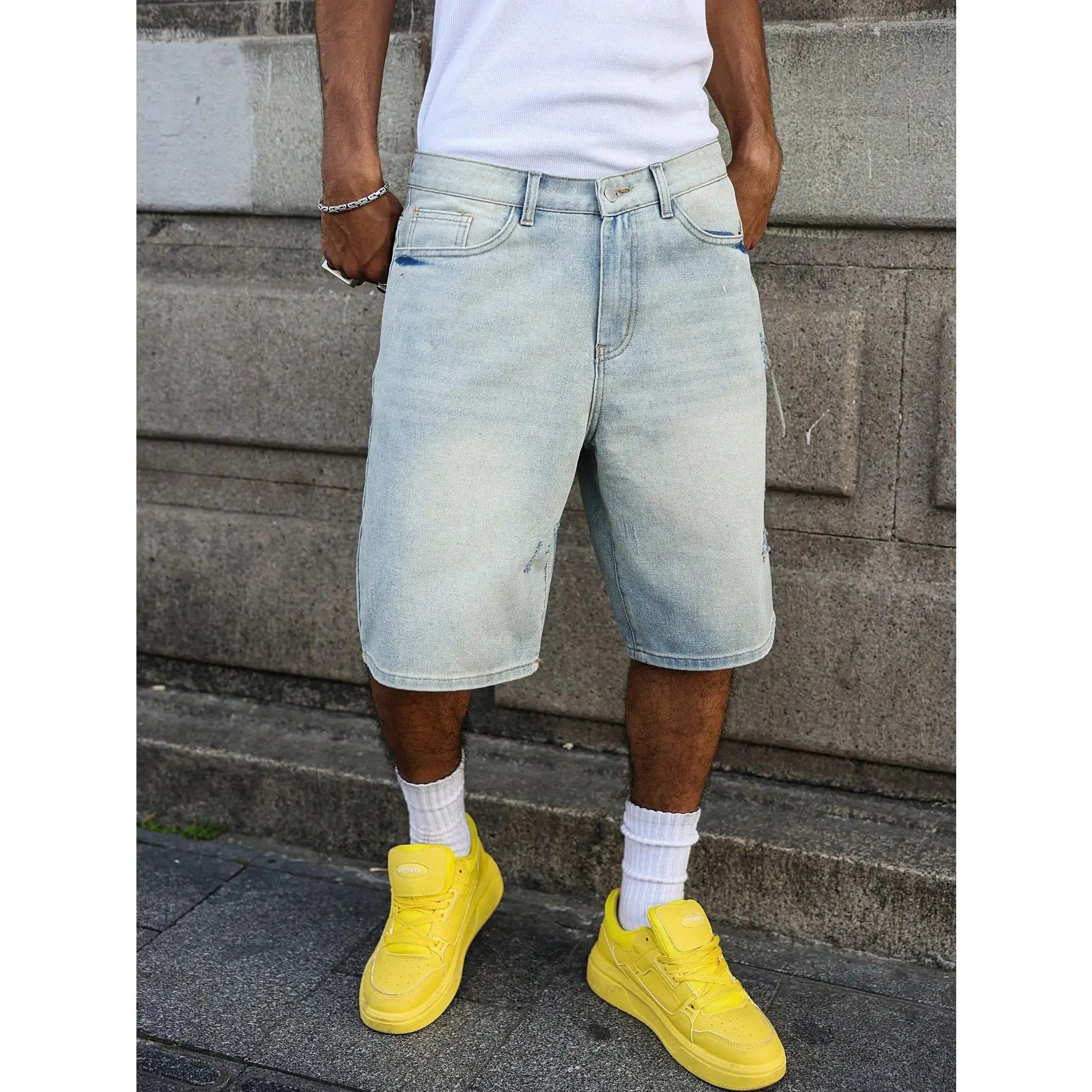 Men's Loose Fit Bleached Faded Light Blue Denim Shorts - Retro 90s Grunge Style, 5-Pocket Design, Soft Casual Streetwear Clothes, Menswear, Retro Style, Teenage Dirtbag Aesthetic, Soft Fabric, Baggy Jorts, Retro Grunge