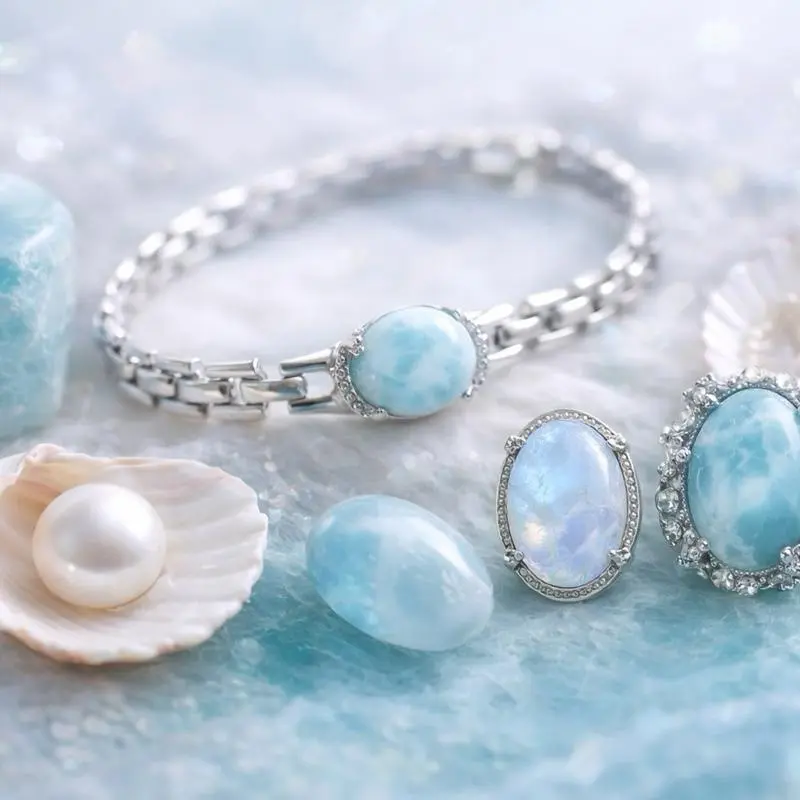 Female Silver Ocean Empress Crown Piece Larimar Bracelet, Natural Stone Hand-Set Cabochon, Classic Casual Elegant Everyday Wear for Serenity & Strength