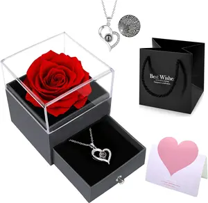 Valentine's Day Gifts for Preserved Real Rose with I Love You 100 Languages Necklace Eternal Rose  Gifts for Mom Wife Girlfriend Grandma on Anniversary Birthday Gifts