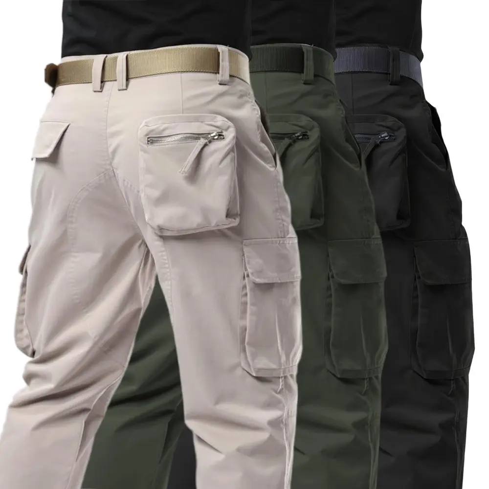 Men’s fashion tactical cargo pants for autumn/winter, featuring multifunctional 3D multi-pocket design; casual straight-leg long pants suitable for travel, hiking, and outdoor activities.