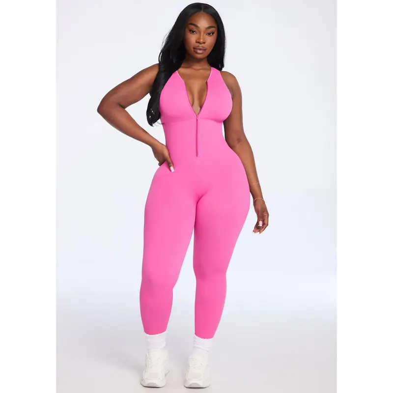 She's Waisted SnatchedKnit Front Zip Jumpsuit - Fitted Seamless Ribbed Compression Activewear for Fitness & Workout Gym Wear