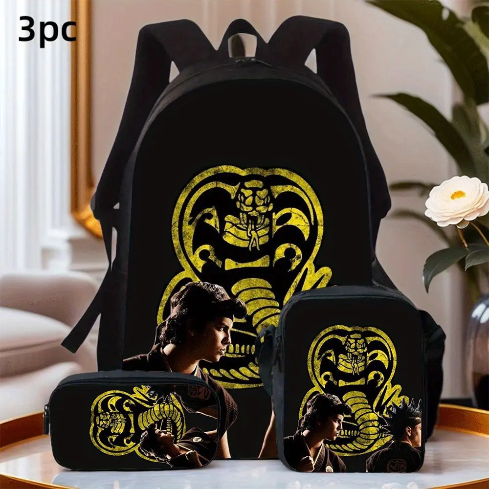 Cobra Kai 3-Piece Backpack Set, No Mercy Karate Print School Bag + Lunch Bag + Pencil Case, Oxford Cloth Adjustable Strap Daypack for Fans & Kids