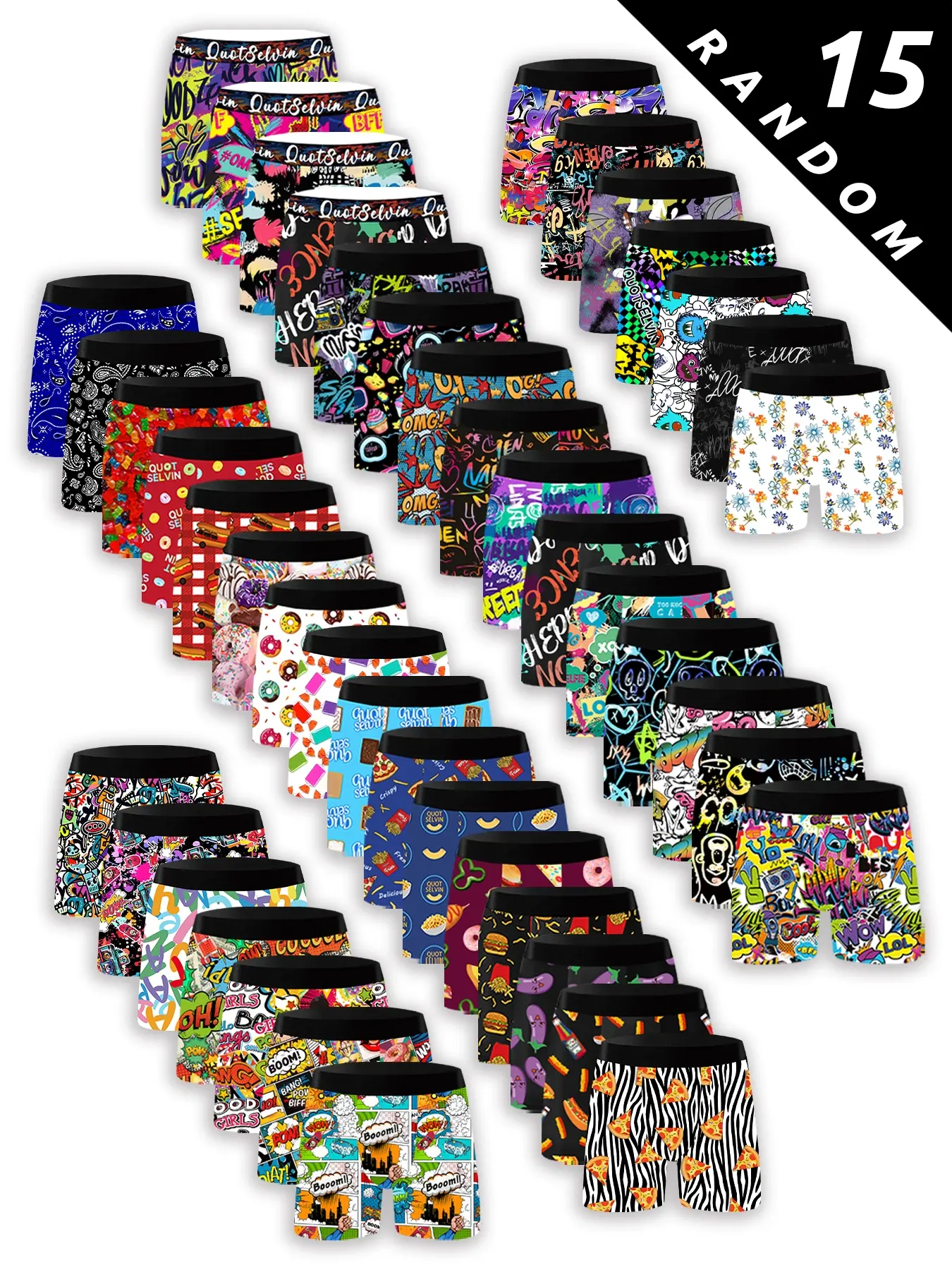 Men's 15-Pack Random Flat Pouch Underwear Set, Stretchy Boxer Briefs, Stretchy Boxer Pants, Brief Short, Creative Unique Prints, Print Boxershorts, Colorful Designs, Daily Casual Underwear, Perfect for Daily Use, Home Relaxation & Outdoor Activities