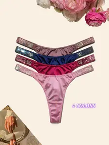 4 PACKS Gradient-colored rhinestones thong shining & sparkling ,  butterfly Color Gradient design , soft, Nylon+Spandex+Cotton,high quality and fresh underwear，panties, suitable for daily life, sports, and four-season multi-pack fashion