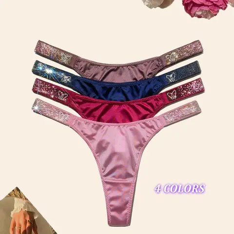 4 PACKS Gradient-colored rhinestones thong shining & sparkling ,  butterfly Color Gradient design , soft, Nylon+Spandex+Cotton,high quality and fresh underwear，panties, suitable for daily life, sports, and four-season multi-pack fashion