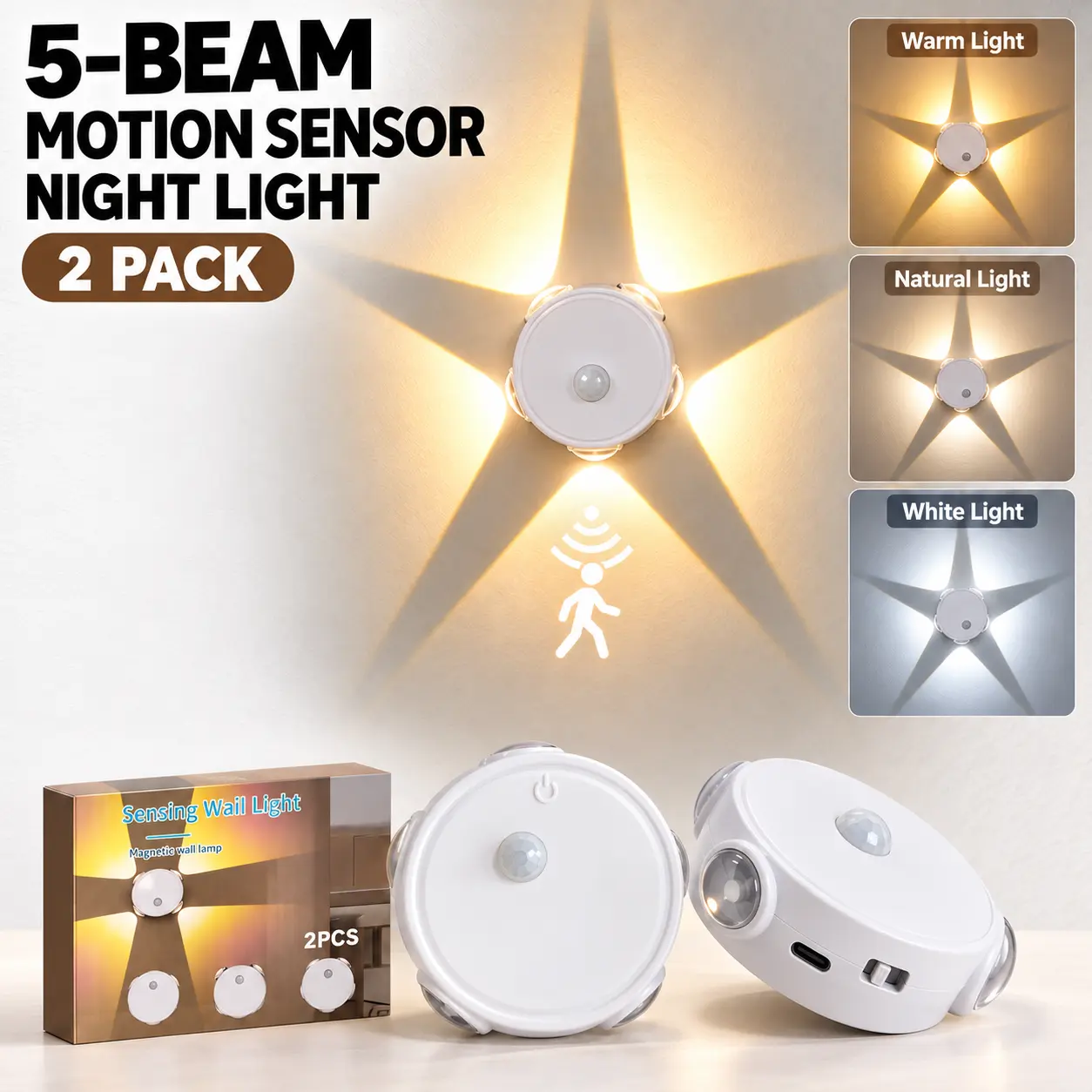 5-Beam Rechargeable ABS LED Motion Sensor Night Lights 2-Pack, 3 Warm/Natural/White Color Temperatures, 3 Working Modes, Type-C 500mAh Battery, Wireless Magnetic Mount, No Remote, for Stairs, Closet, Hallway, Bedroom,motion sensor light