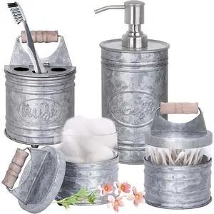 Rustic Bathroom Accessories Set 4 - Galvanized Soap Dispenser, Rustic Toothbrush Holder, 2 Apothecary Jars Qtip Holder - Western Farmhouse Bathroom Decor Accessories