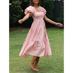 Women's Gingham Print Bubble Sleeve Dress, Casual Short Sleeve Square Neck A Line Dress for Summer, Women's Clothing for Daily Wear