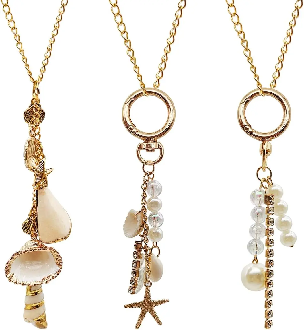 Elegant Bohemian Beach Hanging Decor Set - Seashell Pendant, Starfish Charms, Chain Accessories for Car Rear View Mirror (Decorating My Car), Purse, Wall Hook with Hook-Loop Installation for Daily Life Use, Beach Vibes