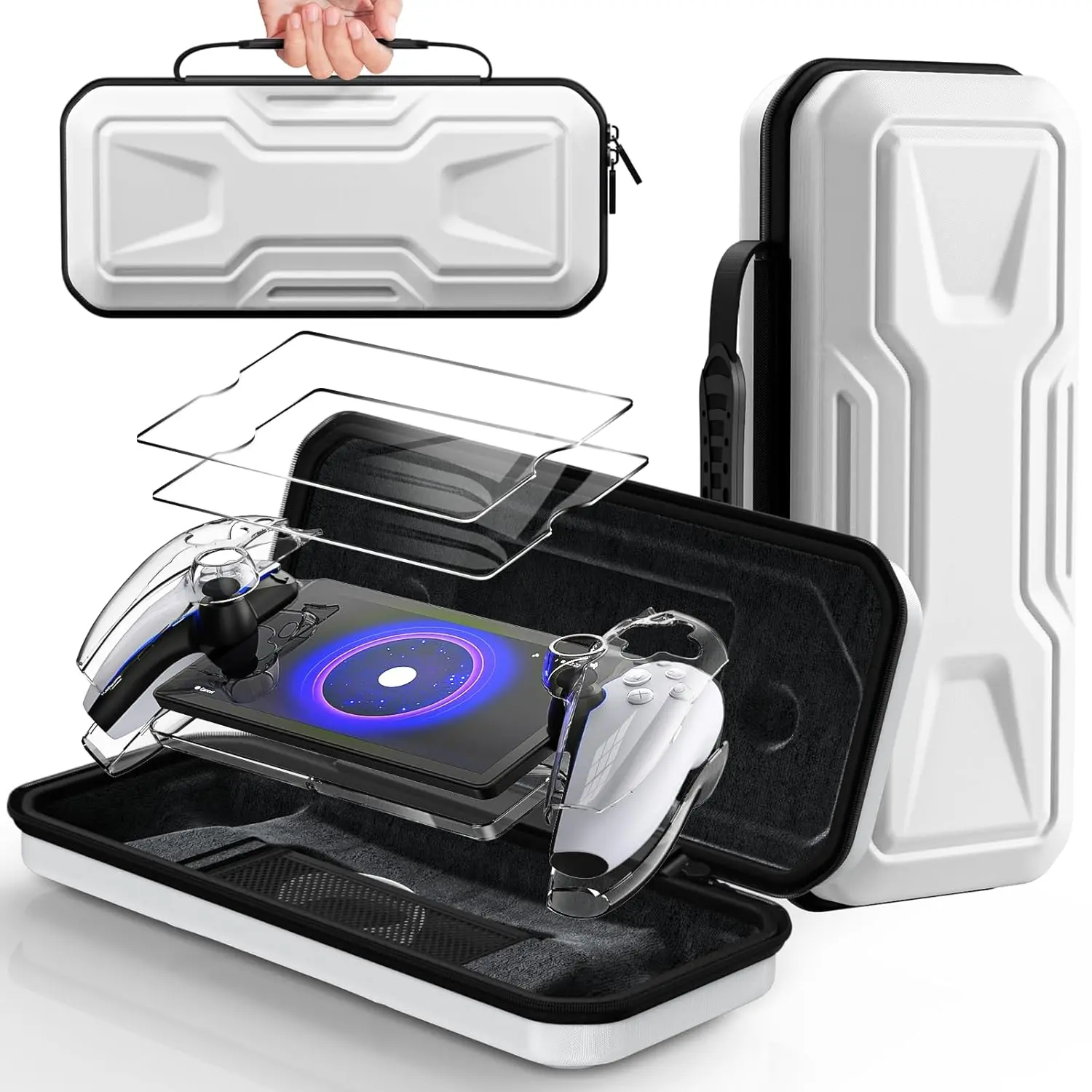 3 in 1 Accessories Bundle for  Portal, Carrying Case & Hard PC Clear Cover Case with Tempered Glass Screen Protector, Protective Case & Hard Shell Travel Handbag for PS5 Portal