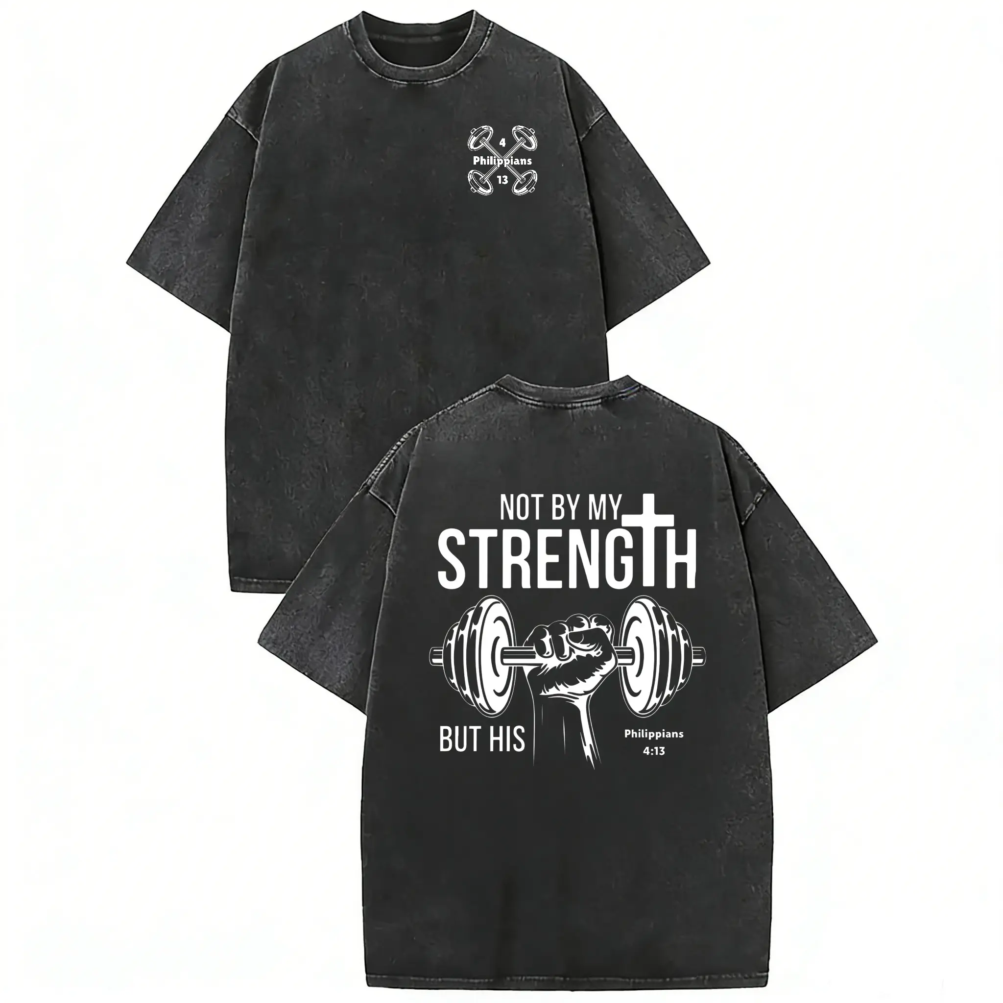 Women's Vintage Unisex 230g Heavyweight Pure Cotton Short Sleeve T-Shirt - Casual Streetwear Garment, Double-Sided 'Not by my strength, but by His' Cross & Dumbbell Printed Clothes, Shortsleeve, Round Neck