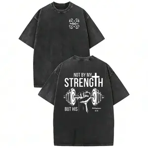 vintage Unisex heavyweight 230g pure cotton T-shirt - 'Not by my strength, but by His' double-sided printed cross and dumbbell pattern,