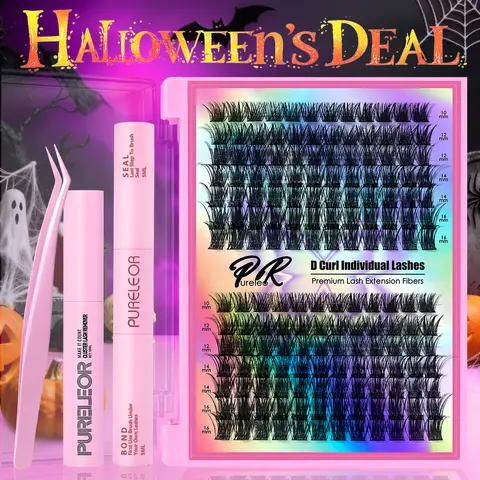 PURELEOR Cluster Lashes Kit with 2-in-1 Bond & Seal Glue, D-Curl 10mm/12mm/14mm/16mm, Beginner-Friendly False Eyelashes Extensions