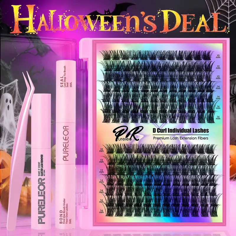 PURELEOR Cluster Lashes Kit with 2-in-1 Bond & Seal Glue, D-Curl 10mm/12mm/14mm/16mm, Beginner-Friendly False Eyelashes Extensions