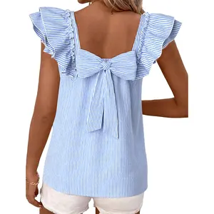 Znacicc Women's Sky Blue Short Sleeve Blouse with Square Neck Bow Tie & Ruffled Sleeves Ideal for Office Casual Weekend Outings Picnics Relaxed Fit All-Day Comfort Shirts Top