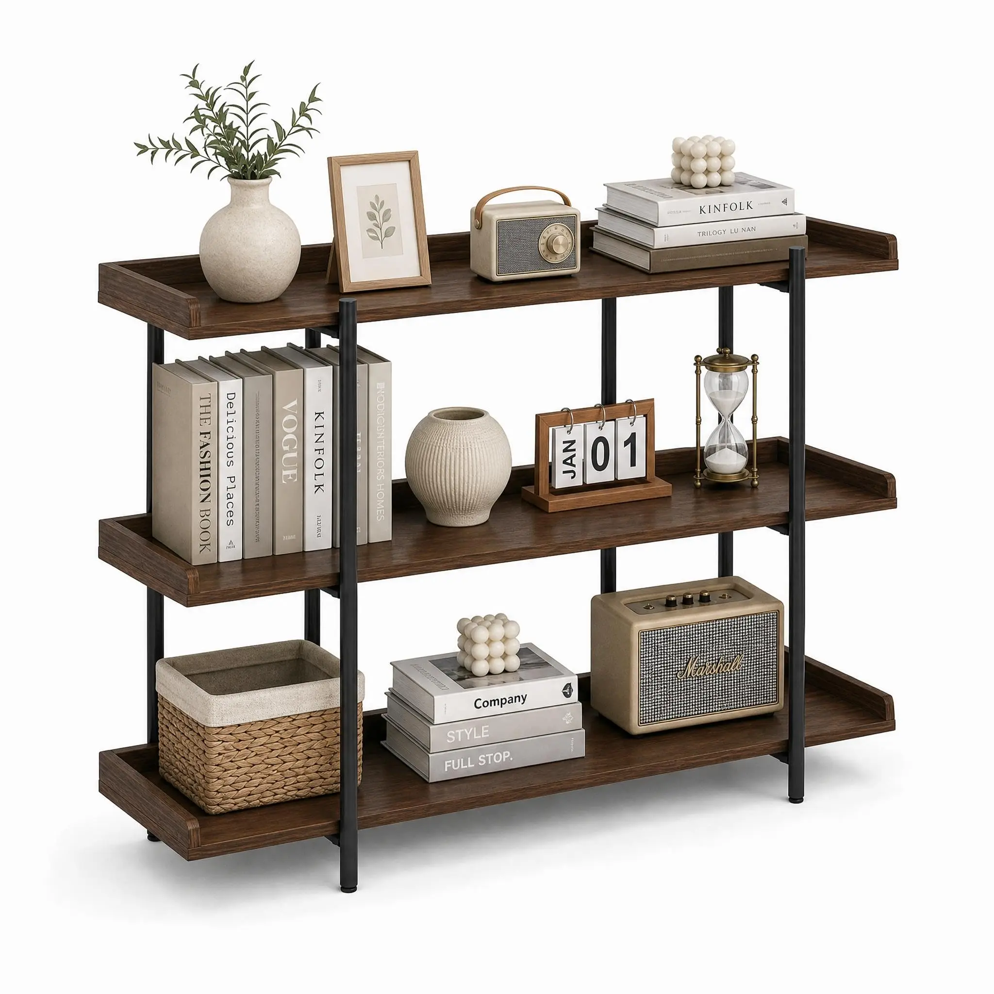 Garvee Narrow 3-Tier Adjustable Bookshelf with Raised Edge Guard – Industrial Wood & Black Metal Open Bookcase – Space-Saving Shelf Unit for Home Office, Living Room, Bedroom, or Kitchen