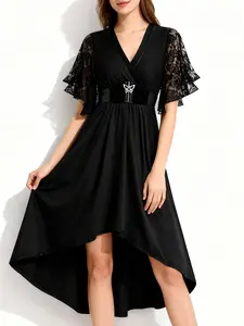 Rosegalette Witch Costume Women Halloween 2025 Gothic Lace Mesh Butterfly Sleeve A Line Vampire Dress with Removable Belt Vneck Basic Minimalist Black Clothes Outfit Womenswear