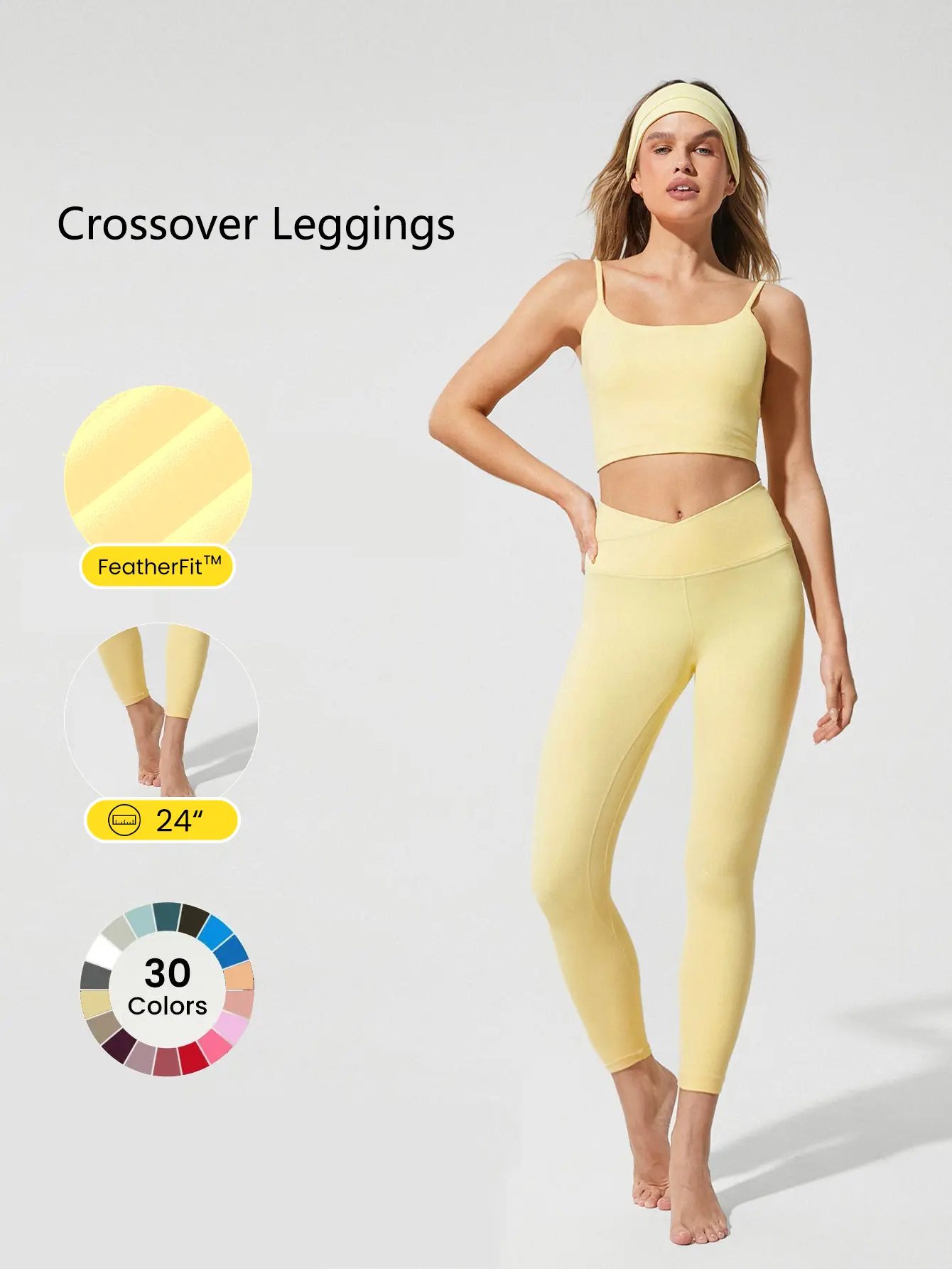 GLOWMODE 24" FeatherFit Crossover Yoga Leggings Buttery Soft High Stretch Crossover Waist Sports Tights GLOWMODE 24" FeatherFit Crossover Yoga Leggings Buttery Soft High Stretch Crossover Waist Sports Tights