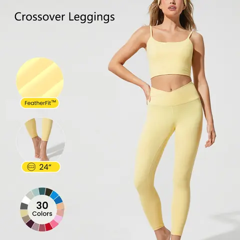 GLOWMODE 24" FeatherFit Crossover Yoga Leggings Buttery Soft High Stretch Crossover Waist Sports Tights