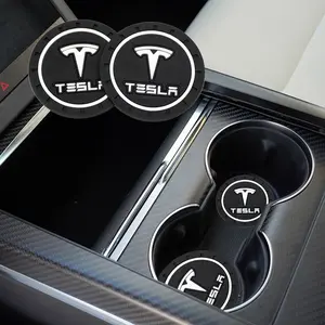 Tesla Car Logo Cup Holder Mat, Round Silicone Anti-Slip Coaster, Personalized Car Interior Accessory, Creative Car Water Bottle Pad, Car Accessories