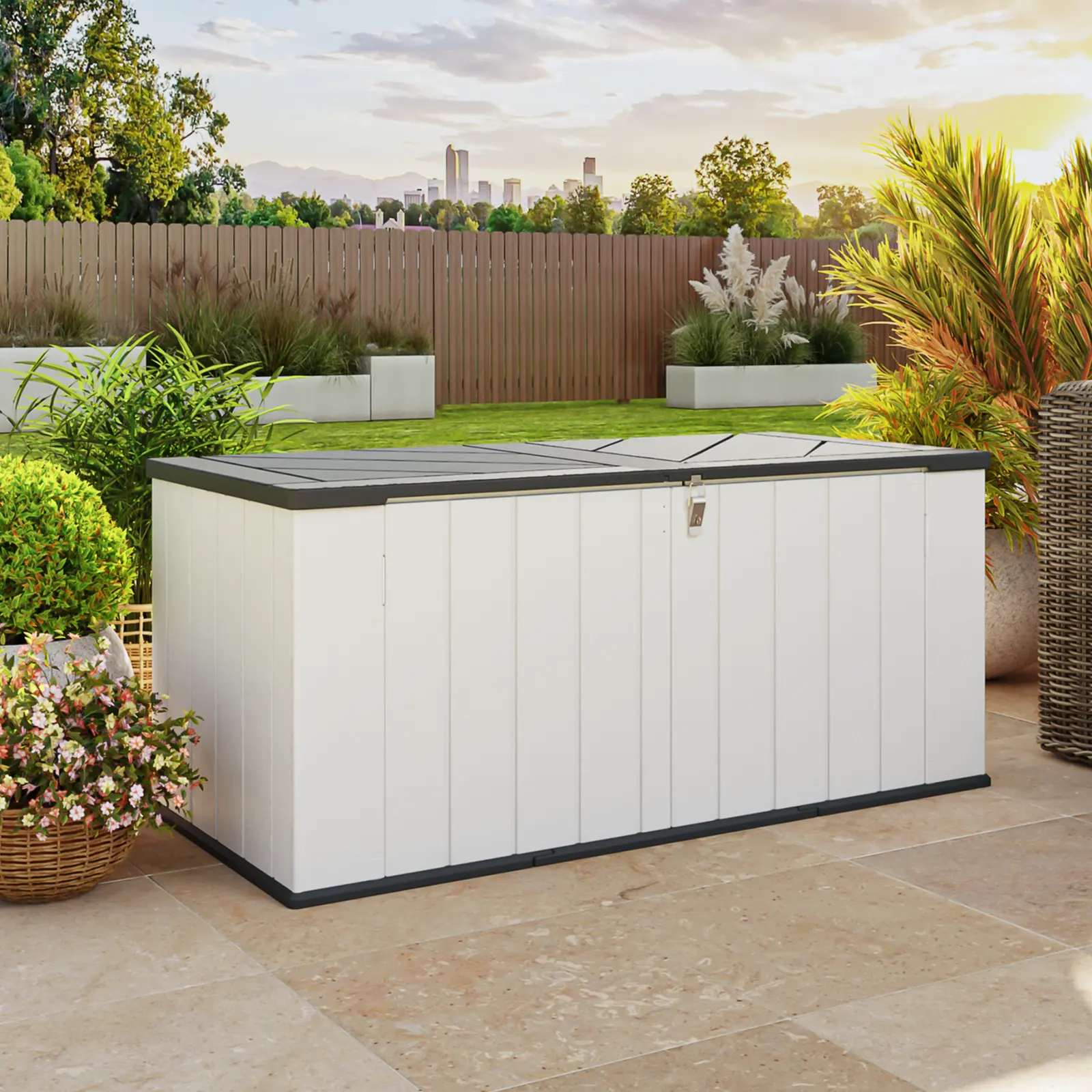 Aoxun White Resin Vertical Outdoor Storage Shed - Practical, Waterproof, Lockable Organizing Cabinet for Garden Tools, Bikes (Garden, Garage Use)