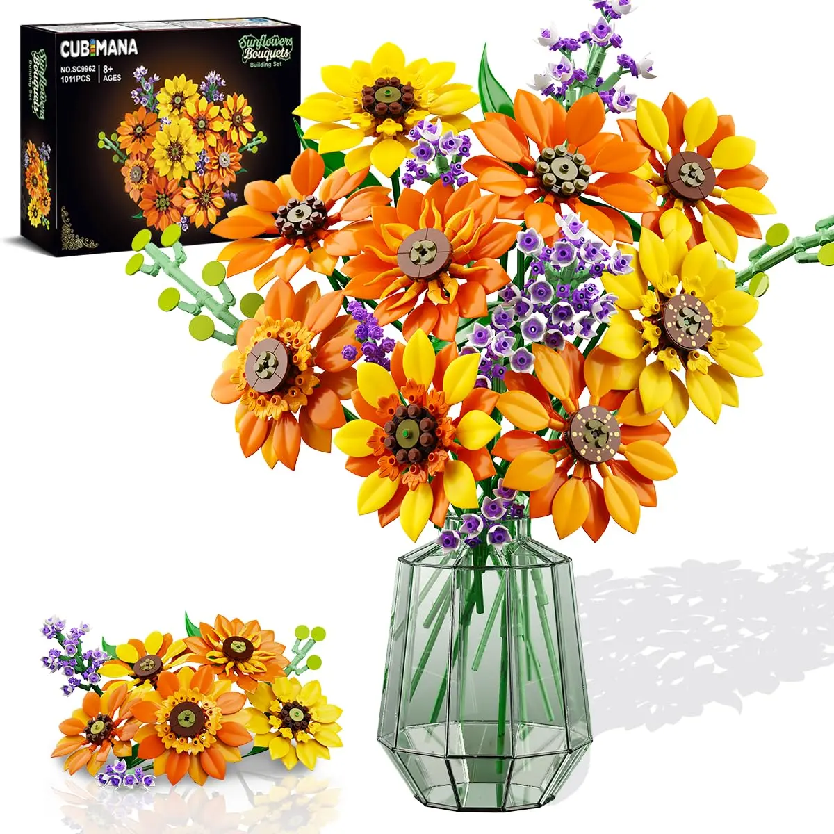 Flowers Sunflower Bouquet Building Set with Lights - 17 Flowers Botanical Collection Artificial Plant Sunflower Building Blocks Art Home Decor Surprise Gifts for Adults Women Girls (1011PCS) Decorative Fruit