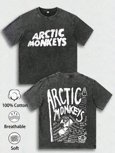 1pc Men's Arctic Monkeys Band T-Shirt Graphic Front & Back Print 100% Cotton Heavyweight Oversized Tee Vintage Acid Wash Rock Streetwear Top