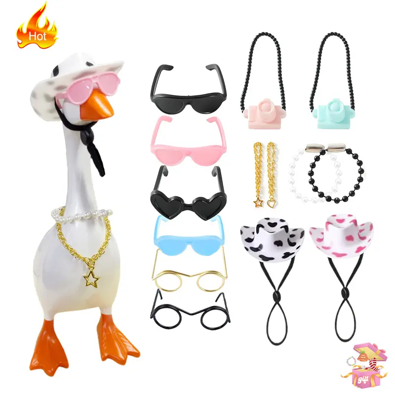 Colorful Plastic 14-Piece Customized Craft Cosplay Accessory Set for 7in Mini Desk Goose Statue - Star, Cowboy Hat, Sunglasses, Mini Chain Collar, Pearl, Camera - Decorative DIY Office Decoration for Coworkers
