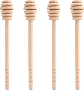 4pc Wooden Honey Dipper Set - 6.3" Natural Wood Stirrer Sticks for Drizzling Honey, Syrup & Jam - Essential Kitchen & Charcuterie Accessories Cutlery Tableware