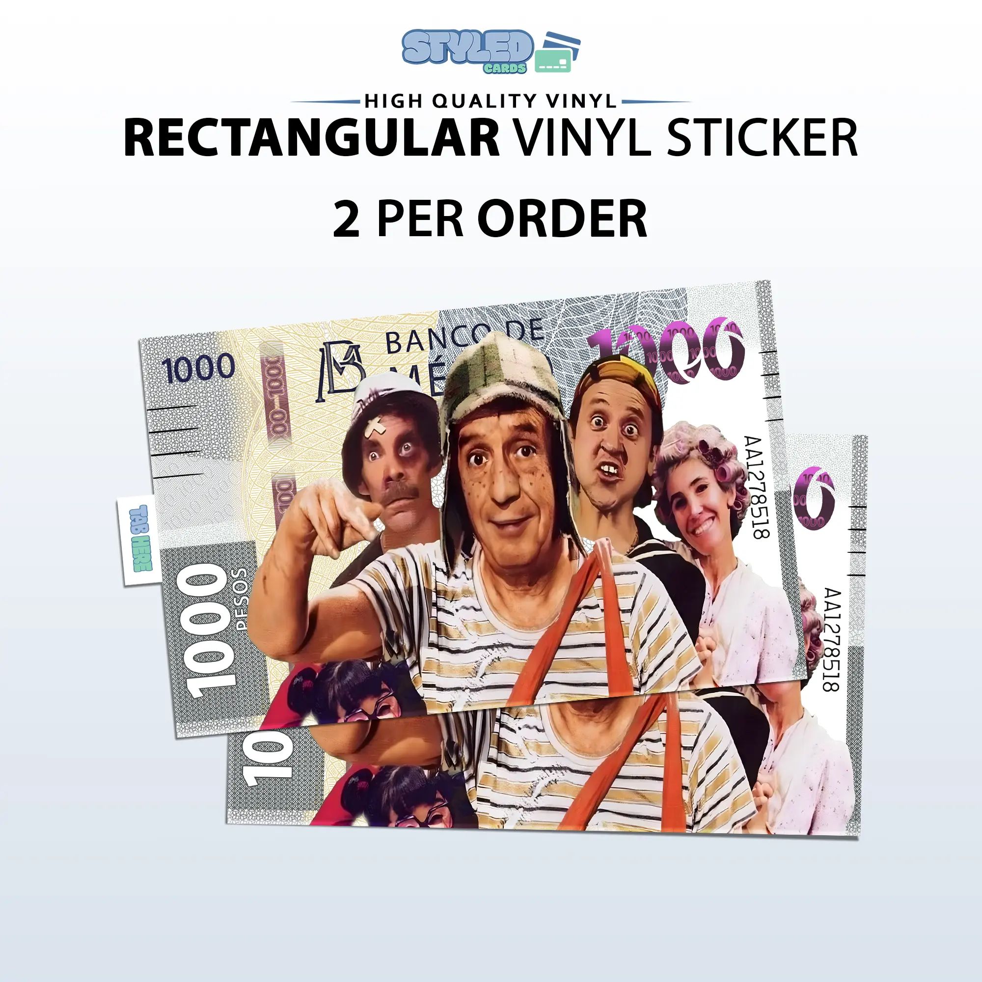 Chavo 1000 Pesos rectangle vinyl sticker - 1000 Pesos Bill Design Featuring Character Illustrations and Cashier Information