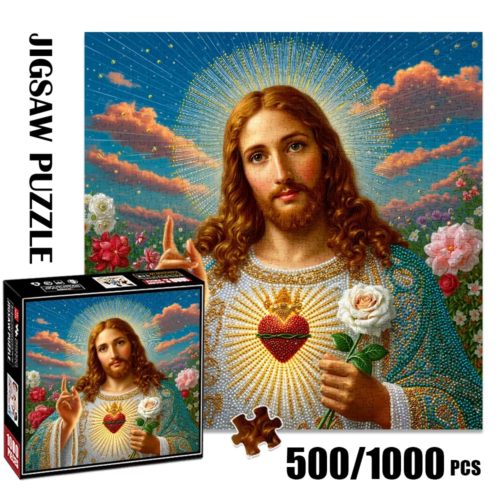 1pc 1000 piece adult puzzle 58x58cm Divine Jesus Figure with Sacred Heart, Flower, and Halo500 pieces paper jigsaw puzzle suitable for DIY creative games for adults and families, birthday and holid