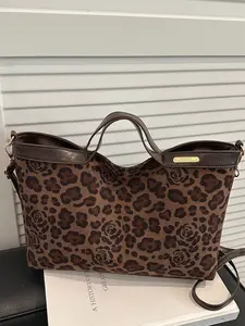 Women's Vintage Tote Bag, PU Patchwork Handle Design, Trendy Leopard Pattern, Leopard Print Tote, Ideal for Work Travel Casual Shopping, Durable Fashion Accessory