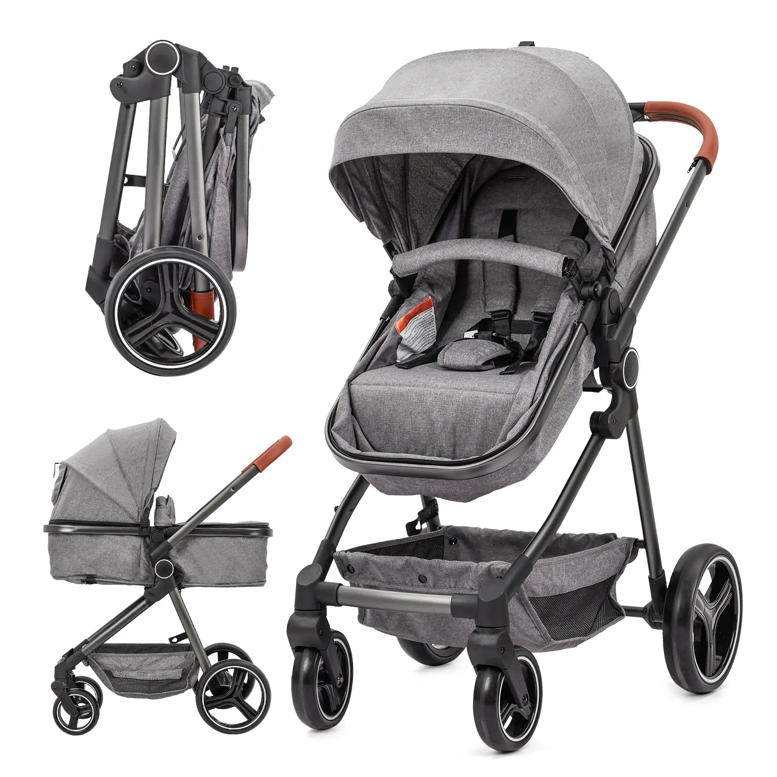 Baby Stroller, 2-in-1 Reversible Toddler Seat with Bassinet Mode, Foldable Infant Stroller with Canopy, Newborn Pushchair
