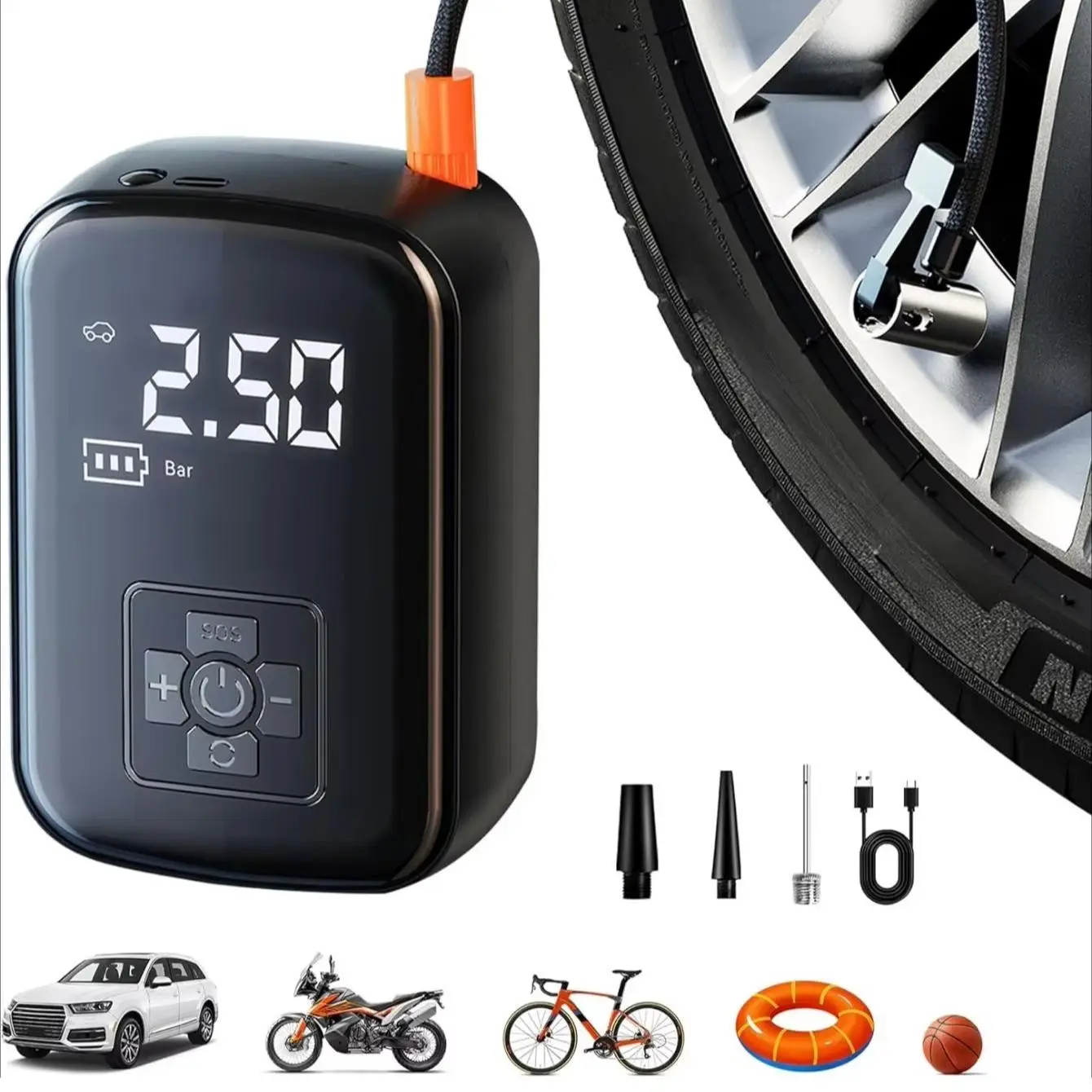 Portable Air Compressor with Flashlight, 150PSI Compact Tyre Inflator, Smart Air Inflator Pump for Ball, Vehicle, Motorcycle, Bicycle, Cordless Digita