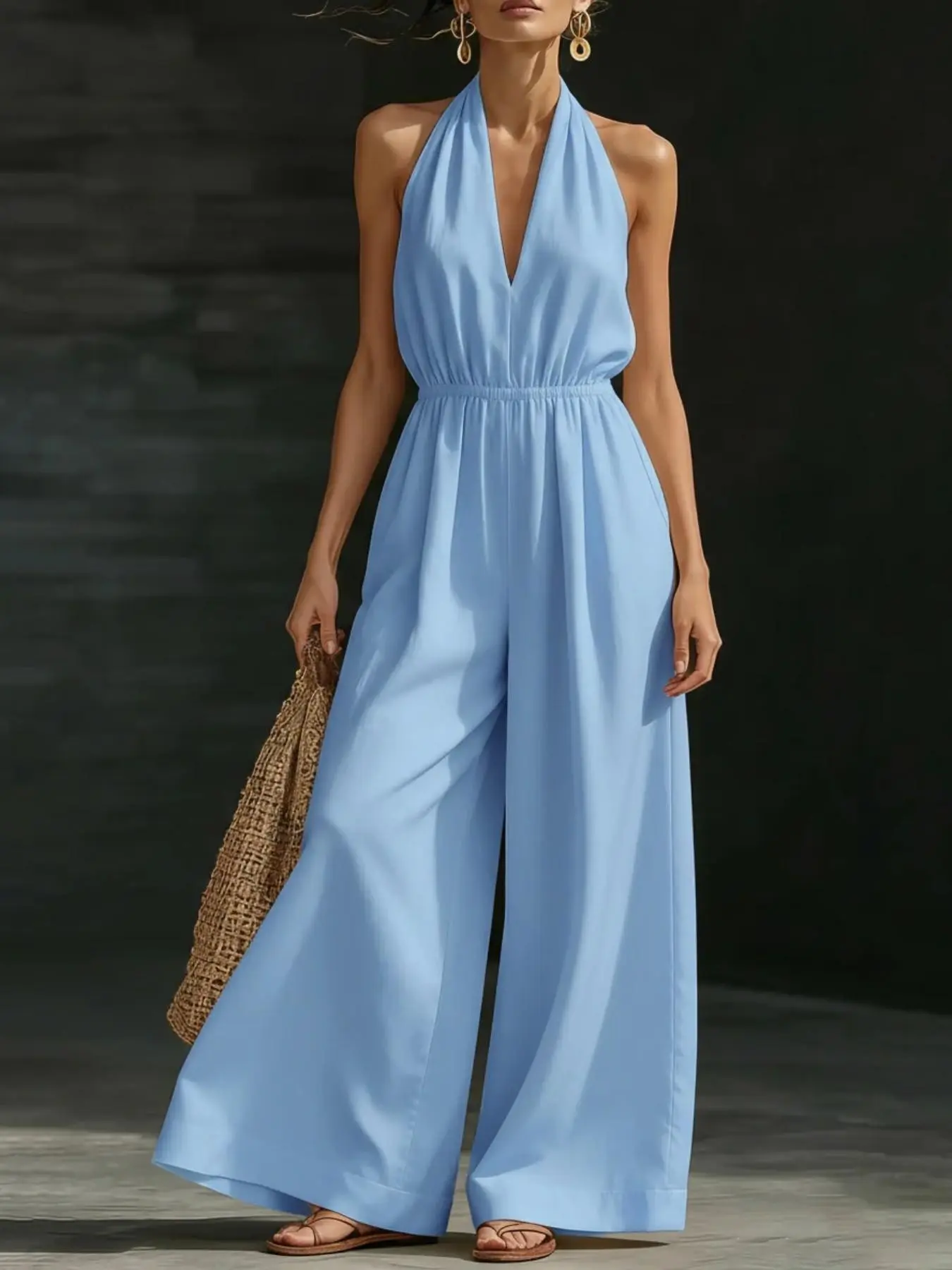 Women's V-Neck Halter Backless Sleeveless Top, Casual One-Piece Design, Chic Fashionable Commute Style, French-Inspired Elegance, Jumpsuit