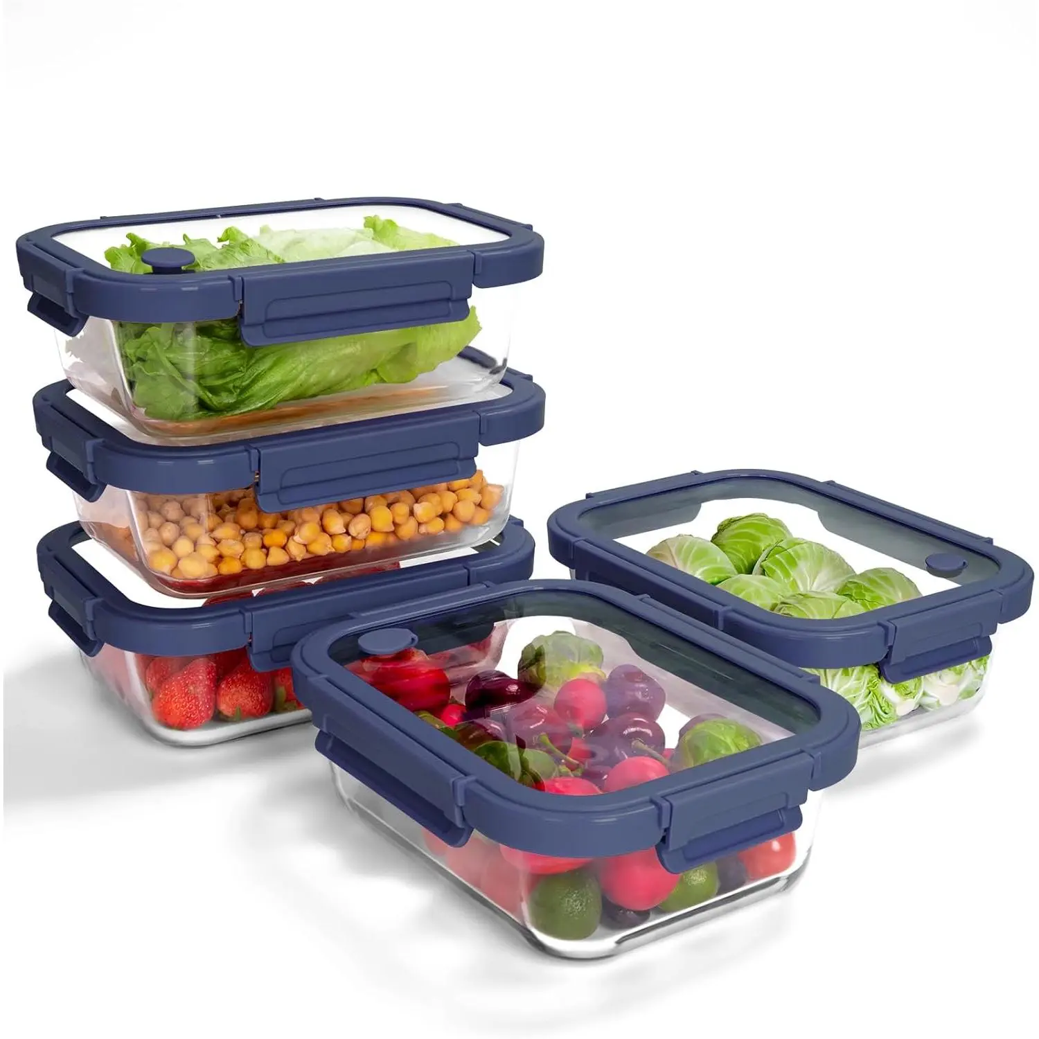 5-Piece Rectangular Airtight Seal Borosilicate Glass Kitchen Meal Prep Containers with Silicone-Tempered Lids, 35.2oz/4.4 Cup, Microwave/Freezer Safe (Blue)