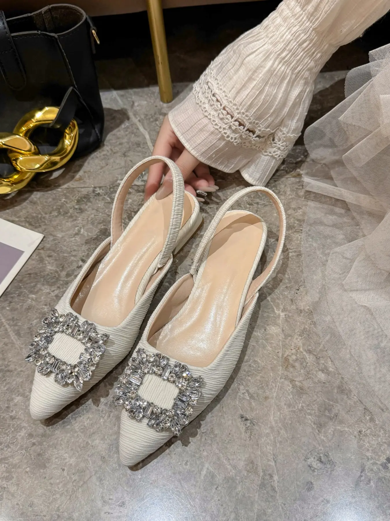Women's Elegant Pointed Toe Slingback Sandals, Fashionable Heeled Sandals, Low Heel Buckle Rubber Shoes for Work & Casual