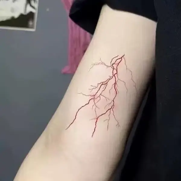 Magic Art Tattoo Stickers Red Lightning Pattern Realistic Waterproof Semi Permanent Temporary Tattooing Techniques Easy Apply Versatile Use