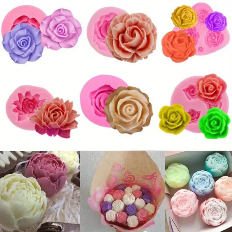 Set of 6 Food-Grade Silicone Flower Chocolate Mold - Peony, Rose & Sunflower for DIY Fondant, Cake Decorating, Soap, Candle Making - Reusable Baking Accessory, Silicone Molds for Chocolate, Polymer Clay, Craft Supplies