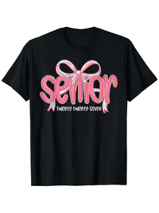 Class of 2027 Graduation T-Shirt Compatible for Men & Women - Coquette Pink Bow & 2027 Number Print Round Neck Casual Fit Perfect for Graduation for Senior Year Events Ideal Gift for Baptism Christmas Breast Cancer (Machine-W