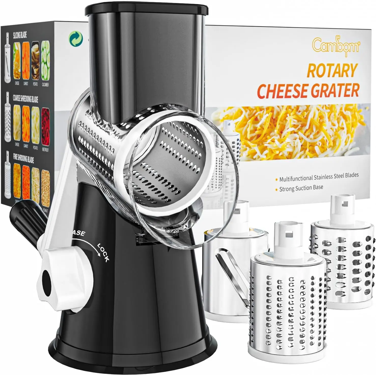 Cambon Rotary Cheese Grater Hand Crank Shredder with Non-slip Base Three Stainless Steel Blades for Cheese Vegetables Nuts Kitchen Tool Set
